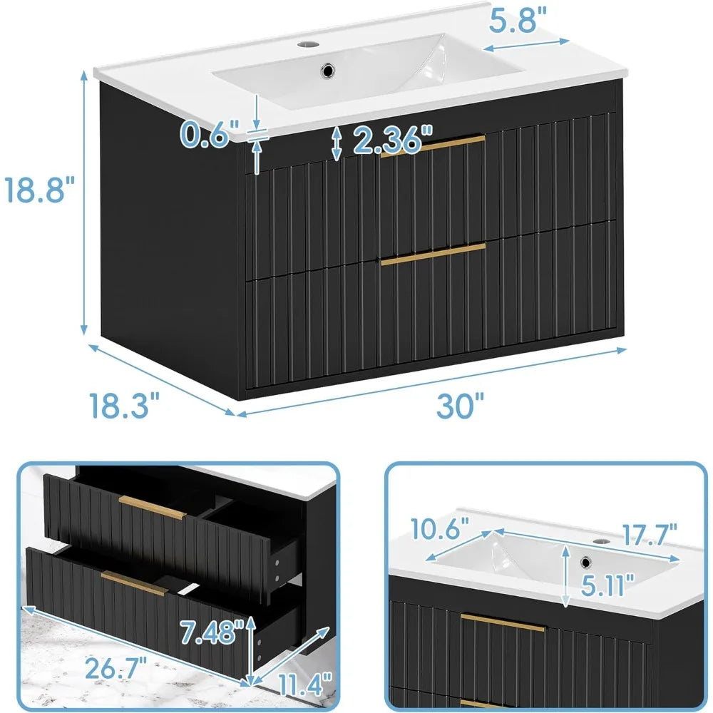 Wall Mounted Floating Bathroom Vanity with 2 Big Drawers