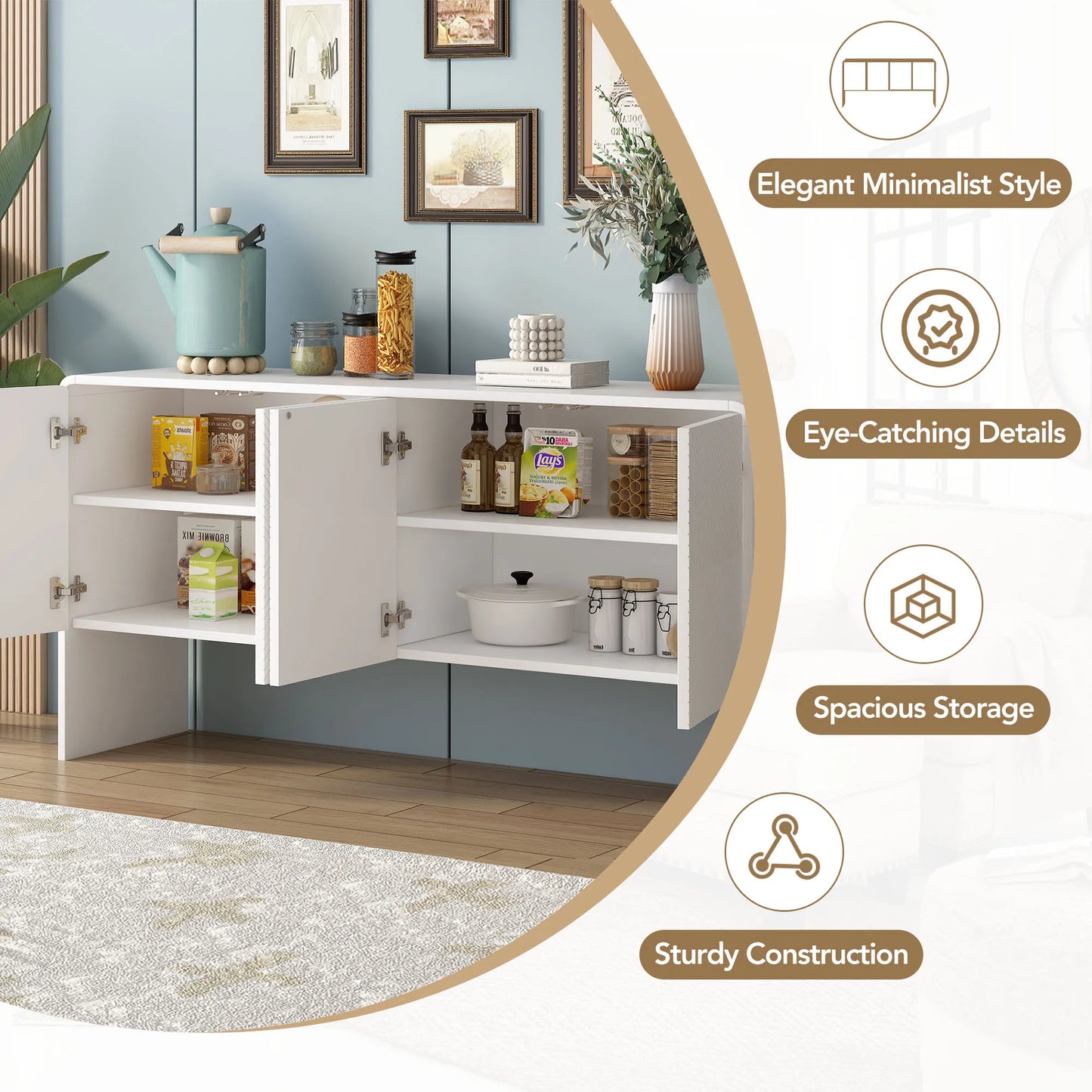 60"L Large Storage Space Sideboard with 4 Doors and Rebound Device