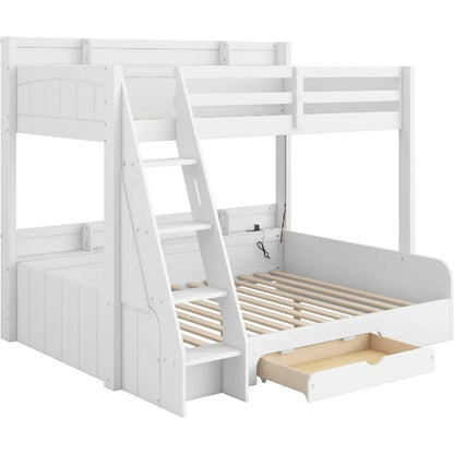 twin over full bunk bed with storage shelves, led, charging station and a drawer, solid wood bunk bed for kids, teens, adults (w