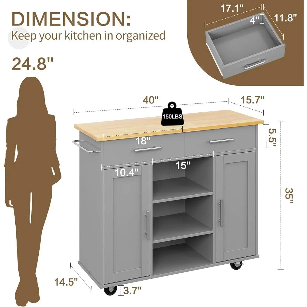 40" Kitchen Island on Wheels with Storage Cabinet