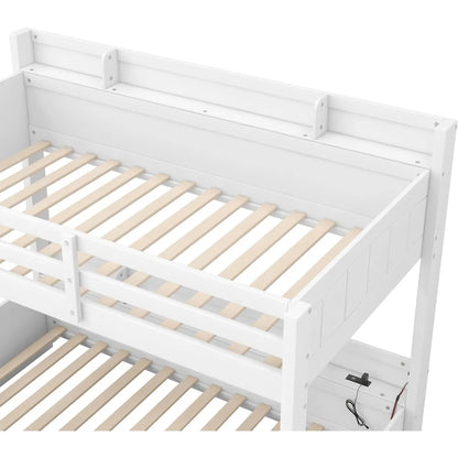 twin over full bunk bed with storage shelves, led, charging station and a drawer, solid wood bunk bed for kids, teens, adults (w