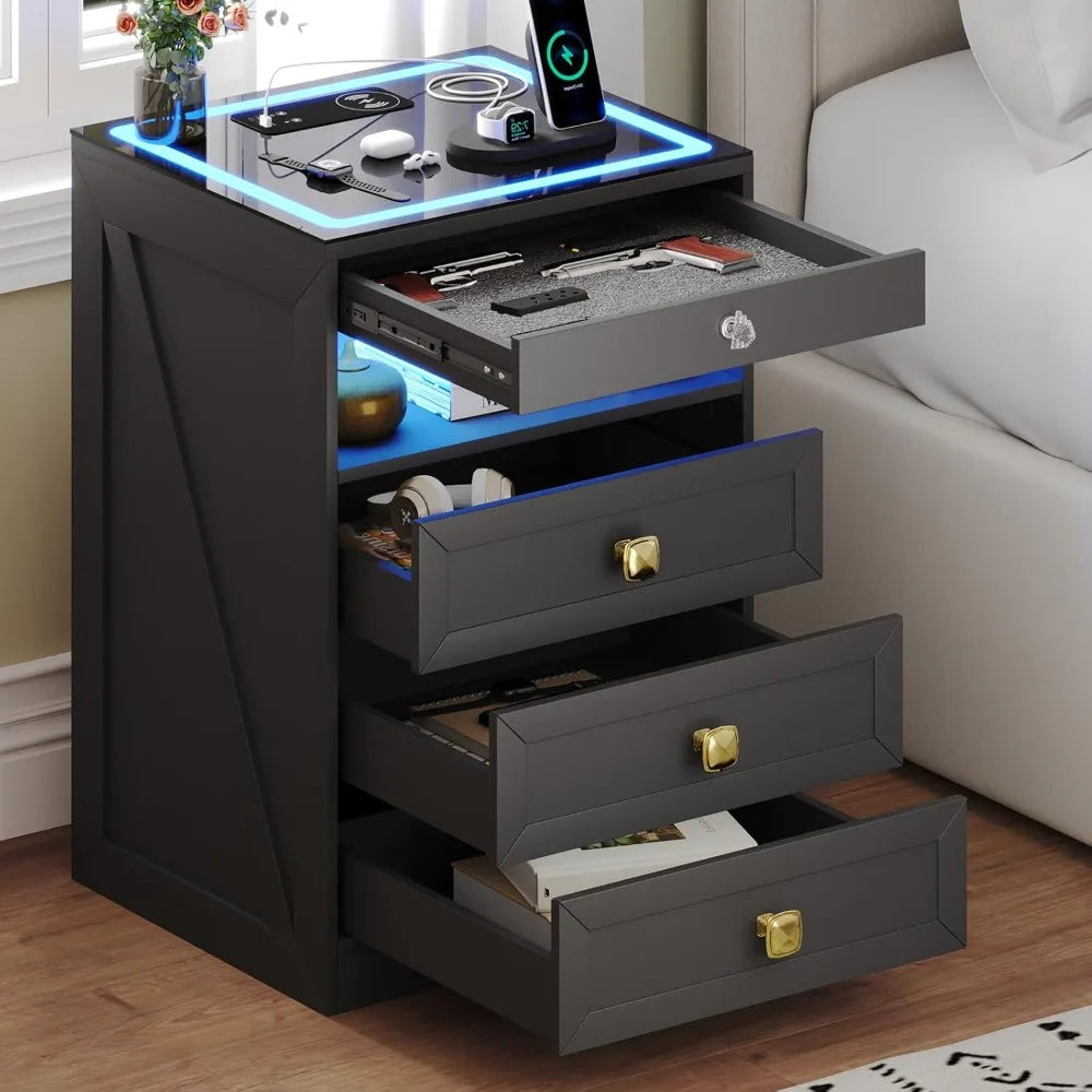 Modern Bedside Table with Charging Station and 3 LED Lights