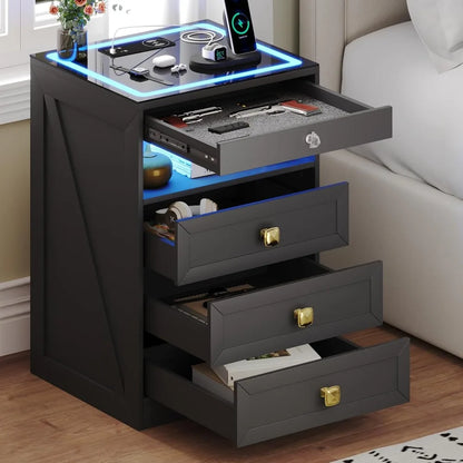 Modern Bedside Table with Charging Station and 3 LED Lights
