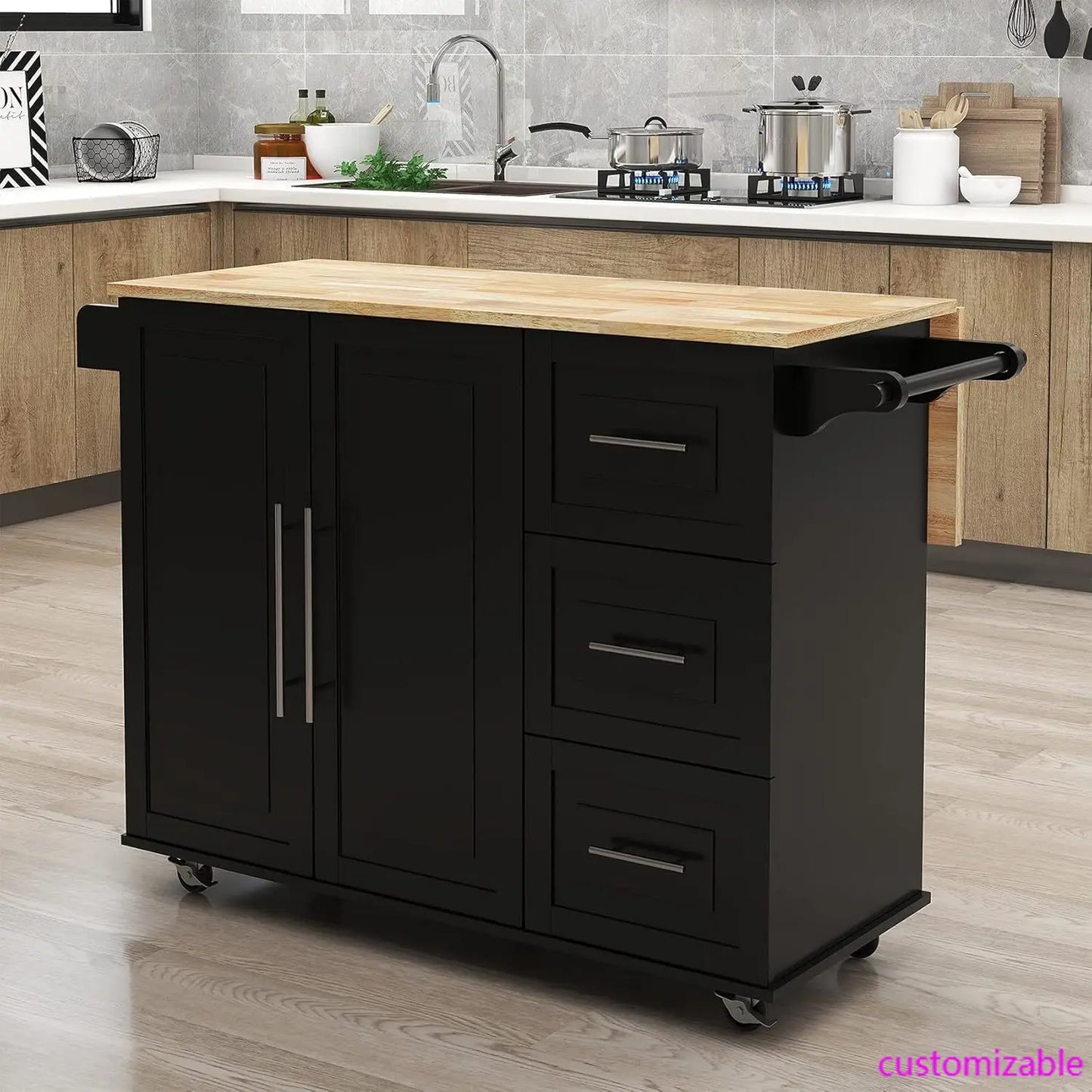 Wood Top Kitchen Cart with Storage Cabinet
