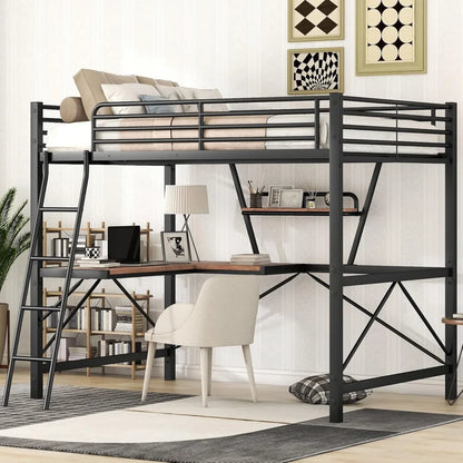 "full-size loft bed with desk, storage shelf, and guardrail for kids and teens"