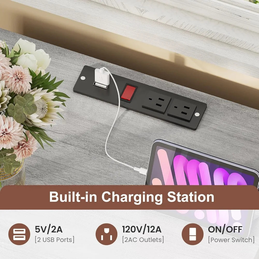 Set of 2,Nightstand with Charging Station with LED light