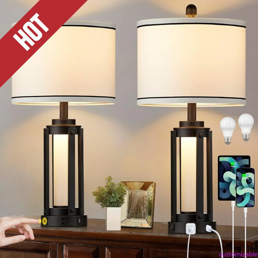 Customizable-25" Modern Table Lamps Set Of 2, Industrial Beside Lamps With USB A+C Charging Ports & AC Outlet, Nightstand Lamp W