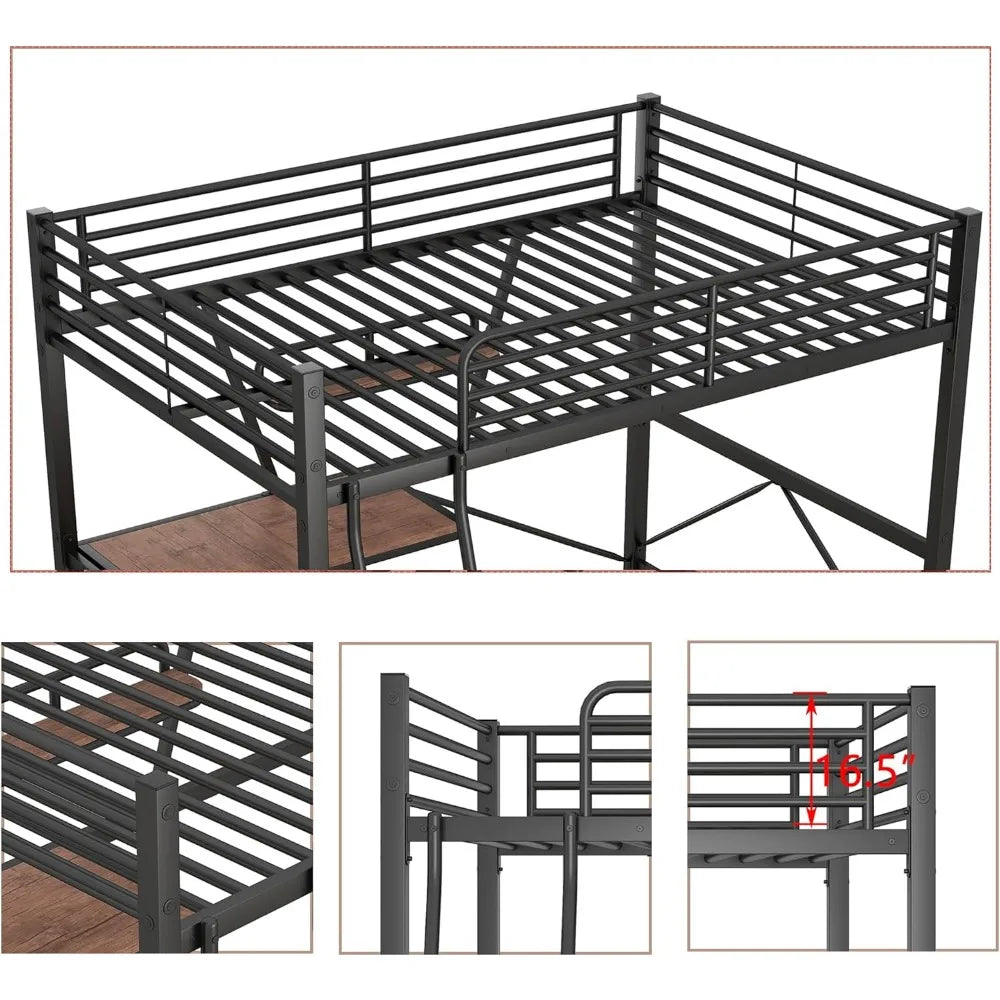 "full-size loft bed with desk, storage shelf, and guardrail for kids and teens"