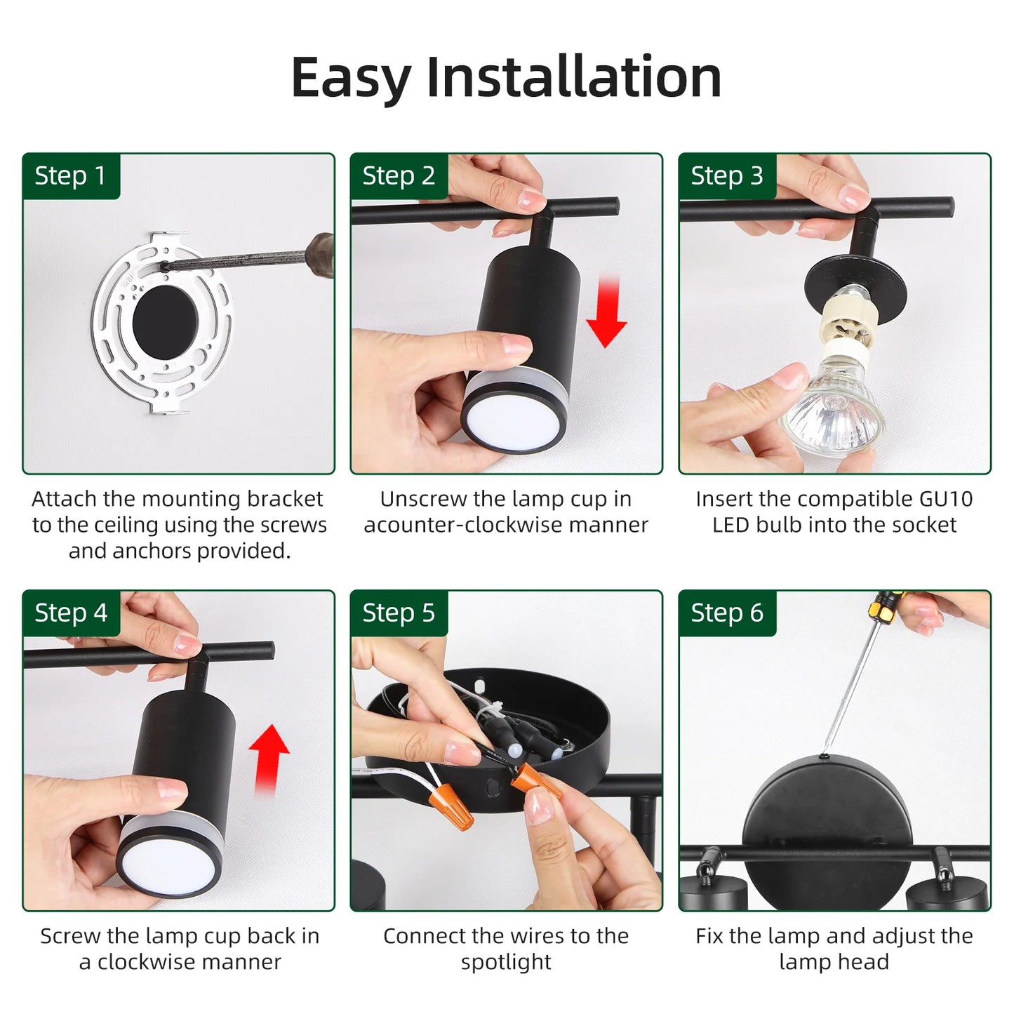 LED Spotlight Black Track Fixture Ceiling Light Rotatable 6 Heads Protective Lamp