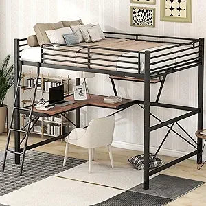 "full-size loft bed with desk, storage shelf, and guardrail for kids and teens"