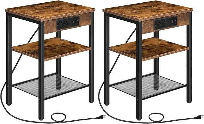 End Table with 3-Tier Nightstand with Adjustable Shelves, Charging Station