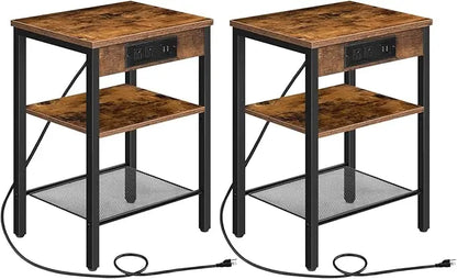 End Table with 3-Tier Nightstand with Adjustable Shelves, Charging Station