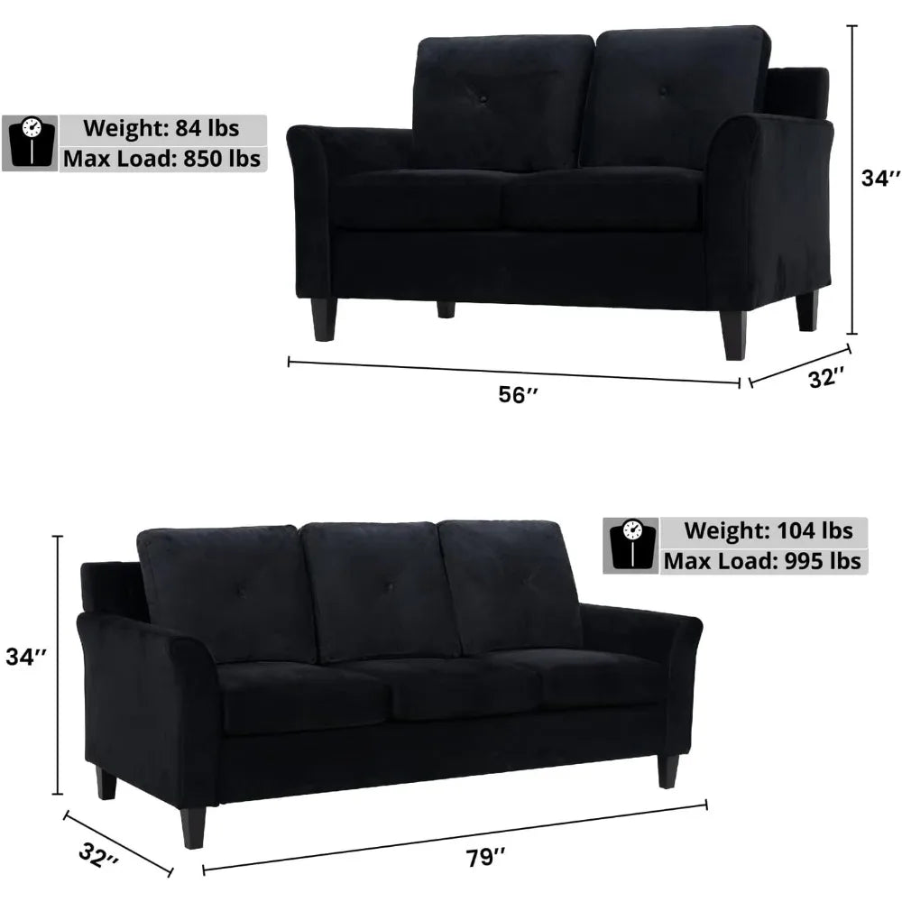 Microfiber Black Button Tufted Sofa & Loveseat Set