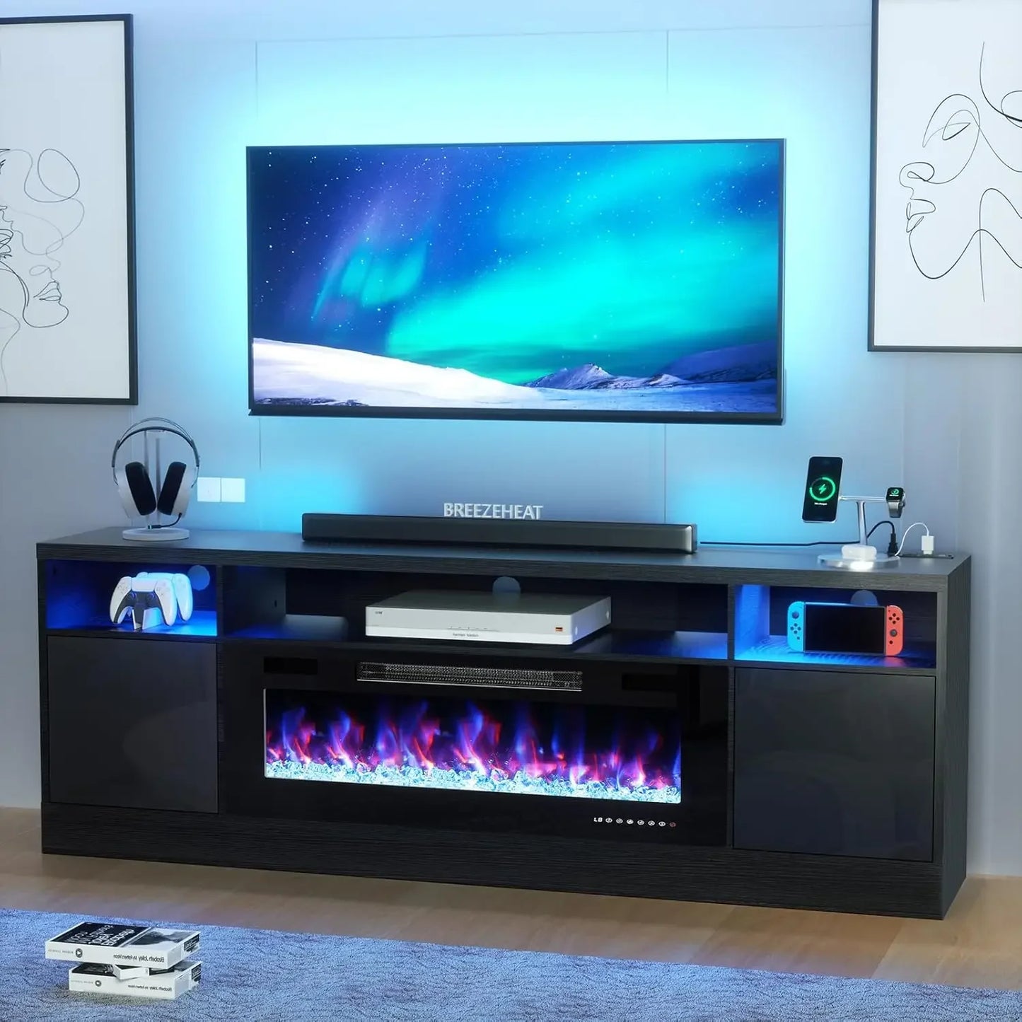 70 inch TV Stand with 36" Electric Fireplace, Living Room Tv Cabinet