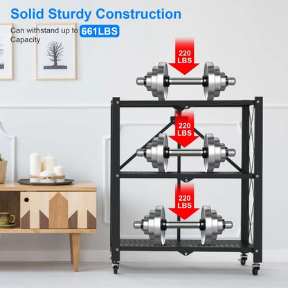 3Tier Foldable Storage Shelf With Lockable Wheels