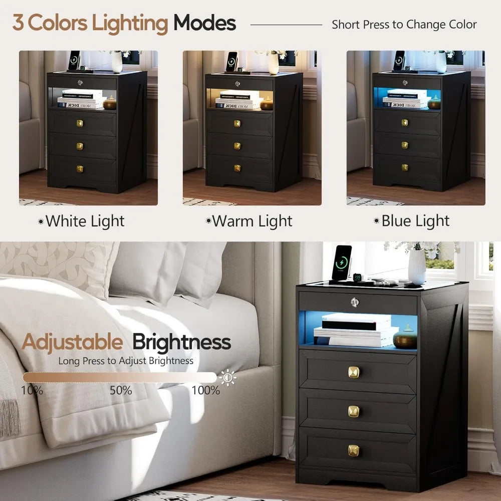 Modern Bedside Table with Charging Station and 3 LED Lights