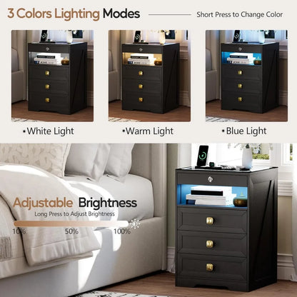 Modern Bedside Table with Charging Station and 3 LED Lights