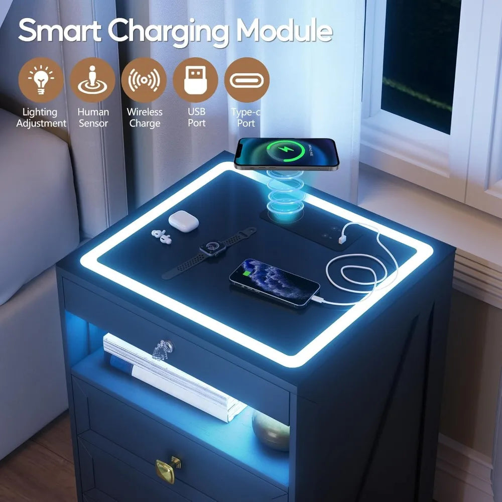 Modern Bedside Table with Charging Station and 3 LED Lights