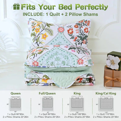 King Size Floral Quilt Bedding Set 3 Piece Lightweight Soft Breathable Bedspreads