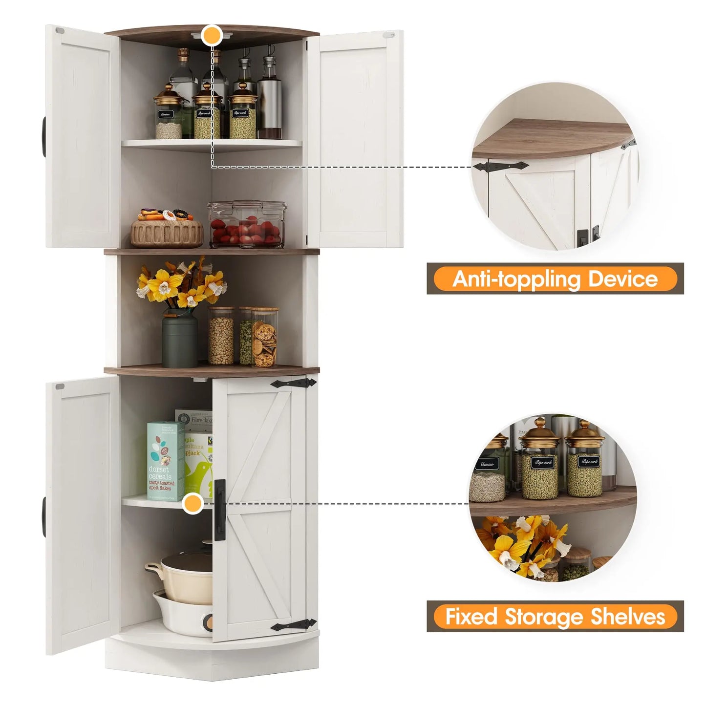 Vabches 64.8" Tall Corner Cabinet Farmhouse Storage Cabinet with Barn Doors&5 Storage Shelves Corner Storage Cabinet Living Room