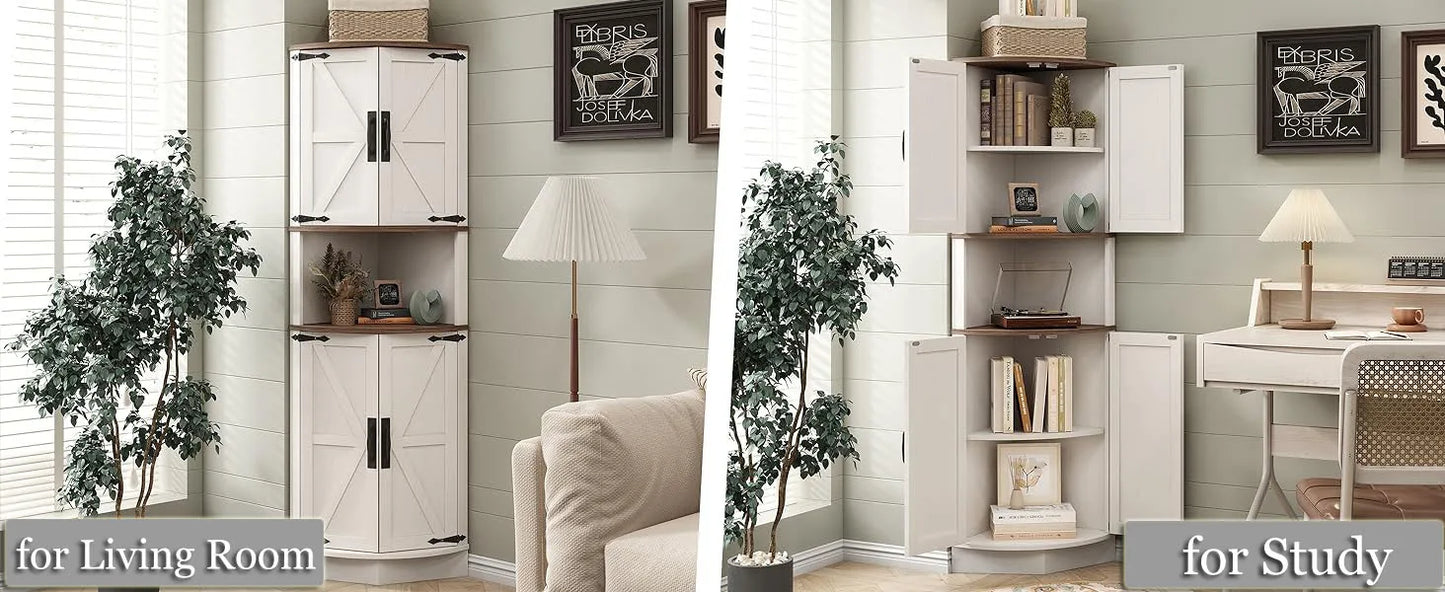 Vabches 64.8" Tall Corner Cabinet Farmhouse Storage Cabinet with Barn Doors&5 Storage Shelves Corner Storage Cabinet Living Room