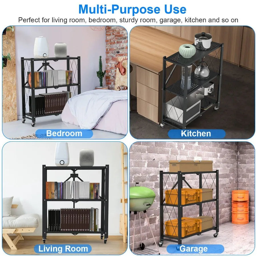 3Tier Foldable Storage Shelf With Lockable Wheels