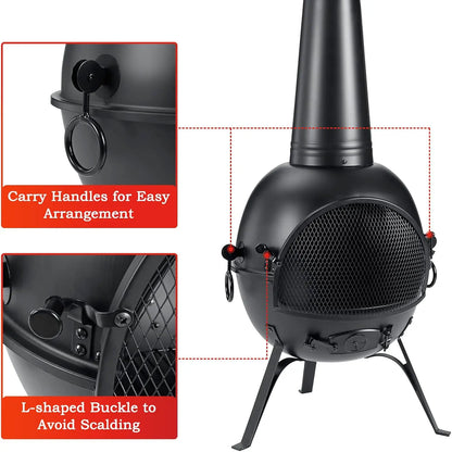 Black Iron Wood-Burning Fire Pit with Protective Cover for Patio