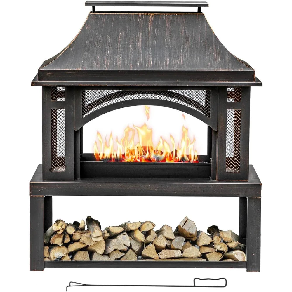 Large Outdoor Wood-Burning Fireplace with Storage