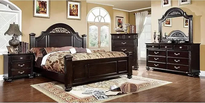 Traditional Solid Wood Bedroom Set with Chest, Mirrored-Dresser and 2 Nightstands.