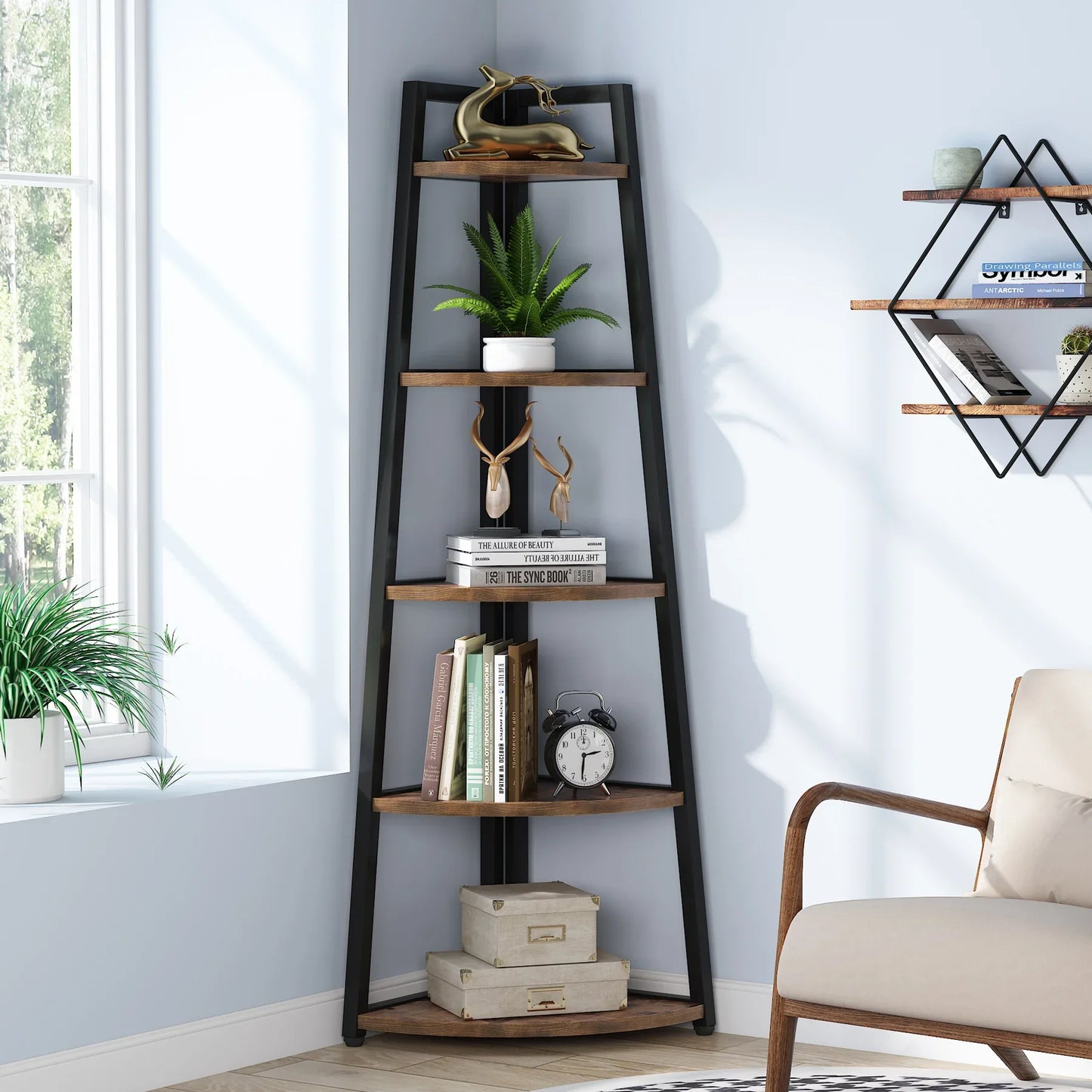 Corner Book Shelf Rack Wood Bookshelf Storage