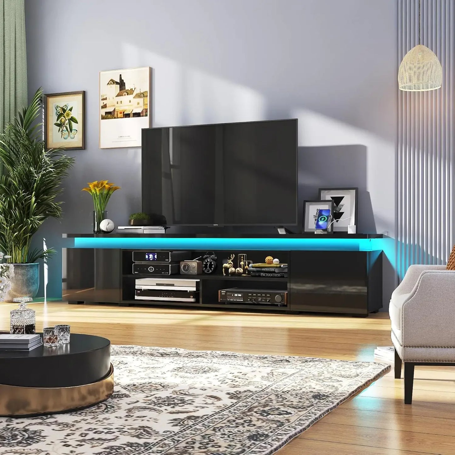 85 Inch TV, Modern Gaming TV Stand with Power Outlet,