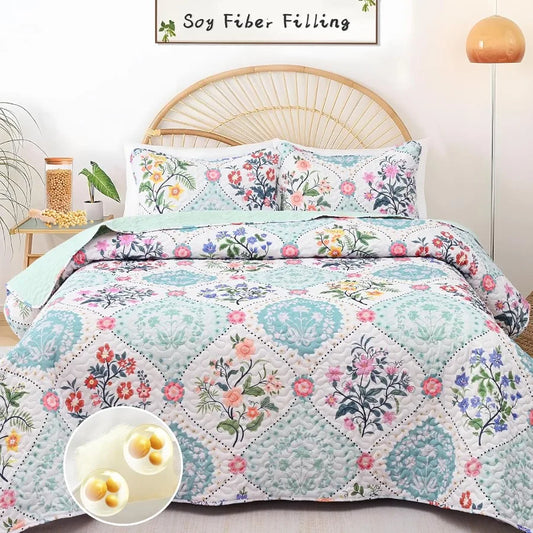 King Size Floral Quilt Bedding Set 3 Piece Lightweight Soft Breathable Bedspreads