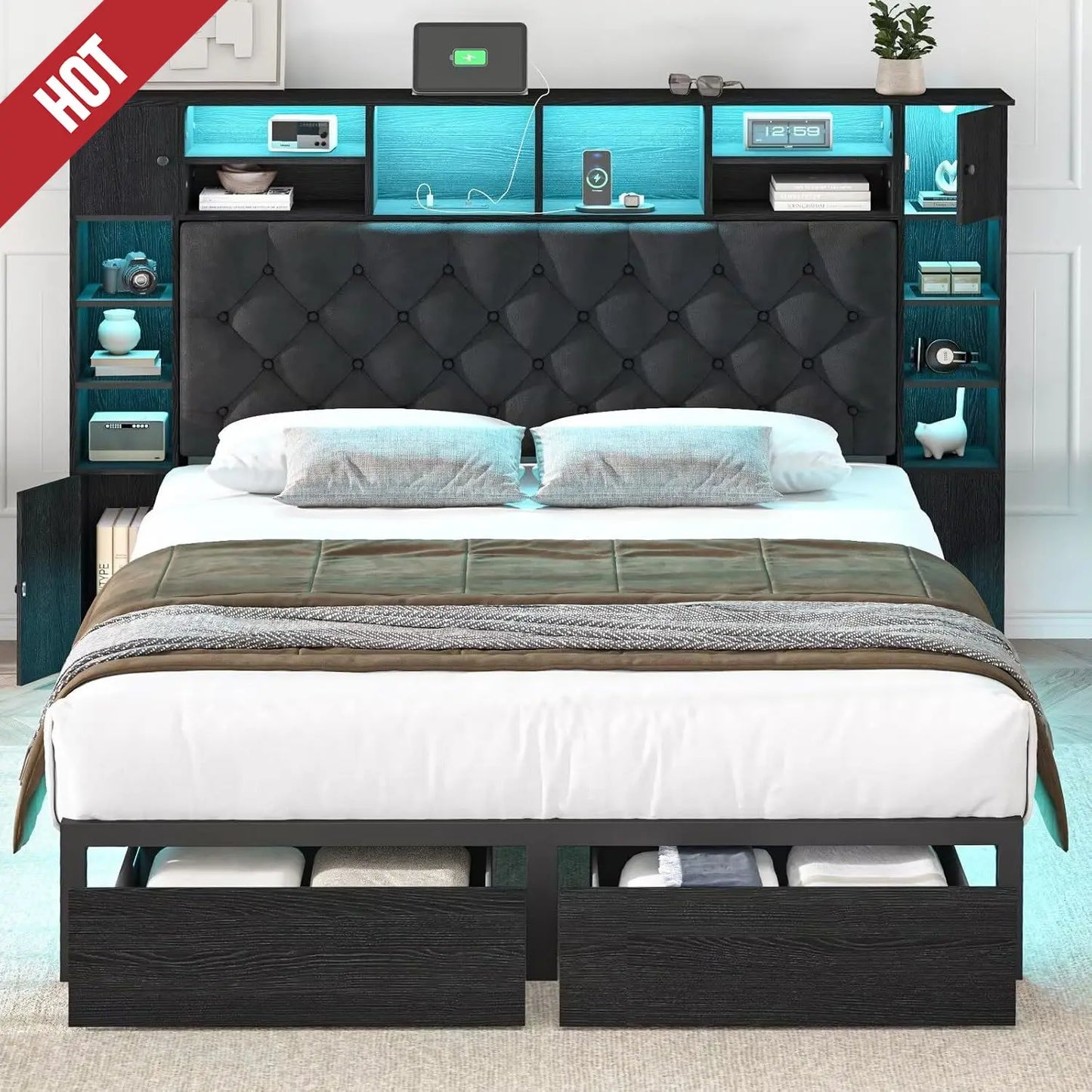 Queen Bed Frame with Bookcase Headboard and Storage Drawers, 51.2"