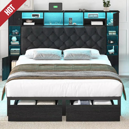 Queen Bed Frame with Bookcase Headboard and Storage Drawers, 51.2"