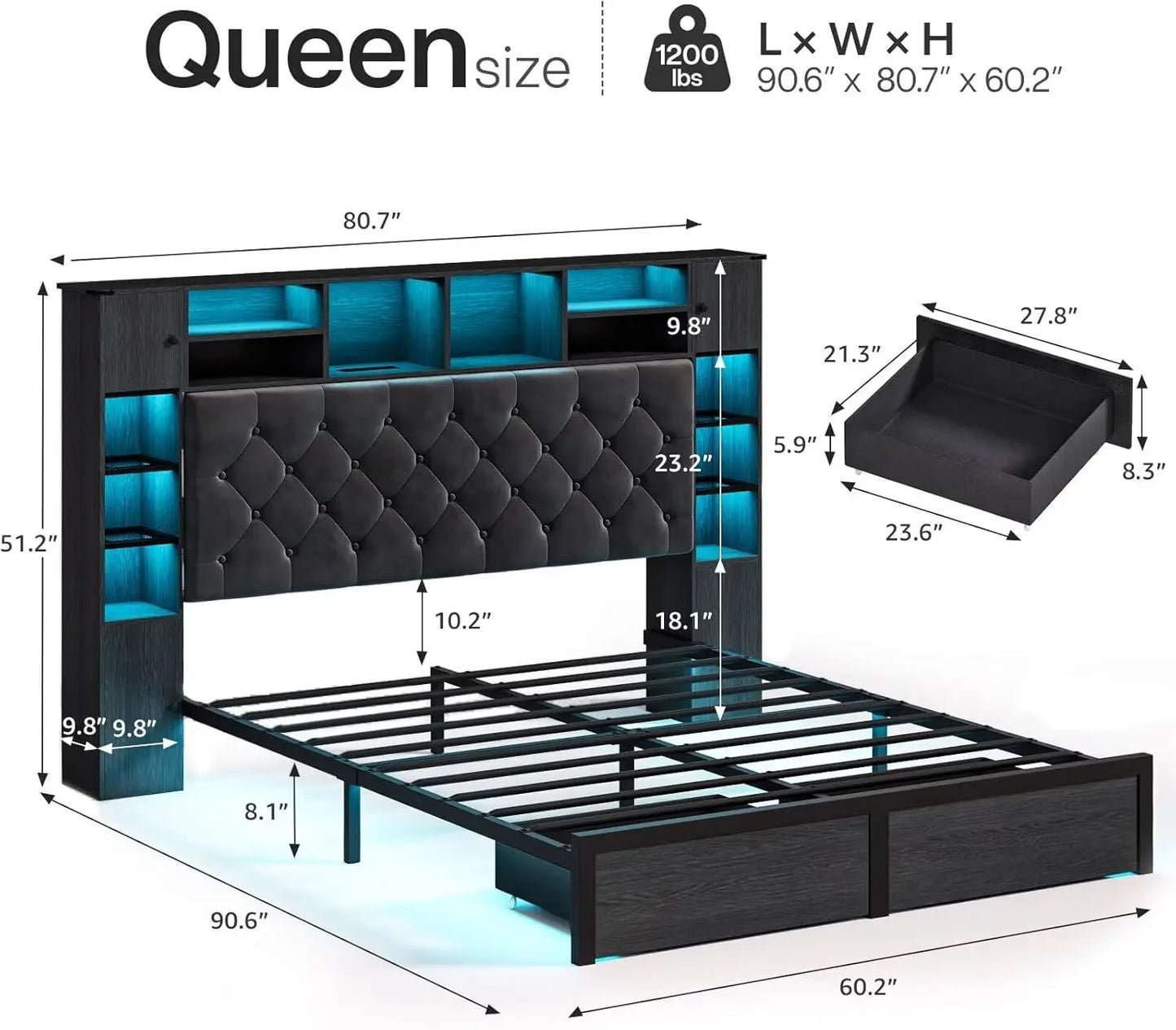 Queen Bed Frame with Bookcase Headboard and Storage Drawers, 51.2"