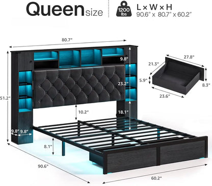 Queen Bed Frame with Bookcase Headboard and Storage Drawers, 51.2"