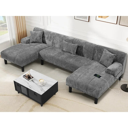 Sectional Couches for Living Room, U Shaped Sofa Chenille Modern Couch with USB & Type C Charging Ports Double Chaise and