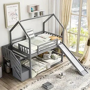 Low Bunk Bed with Slide and Stairs