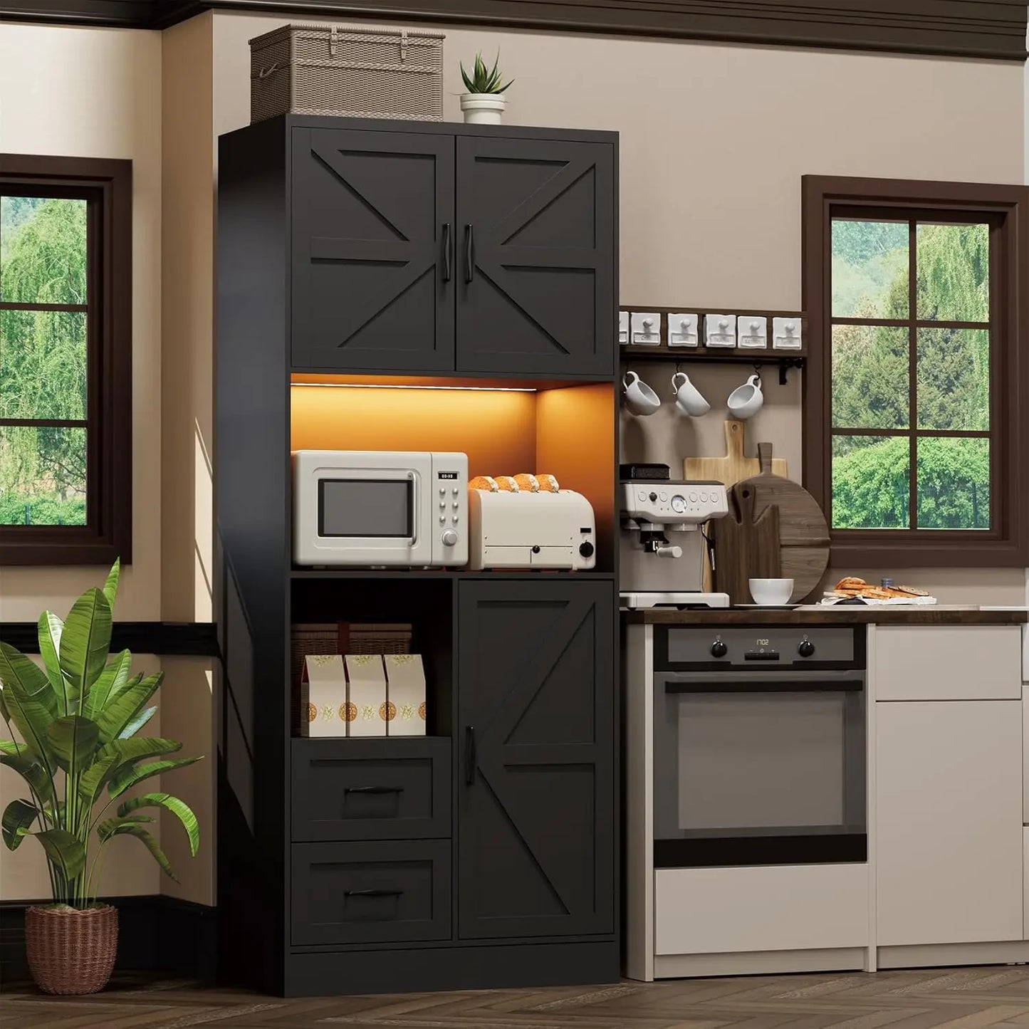 Tall Farmhouse Kitchen Pantry with Barn Doors and Drawers