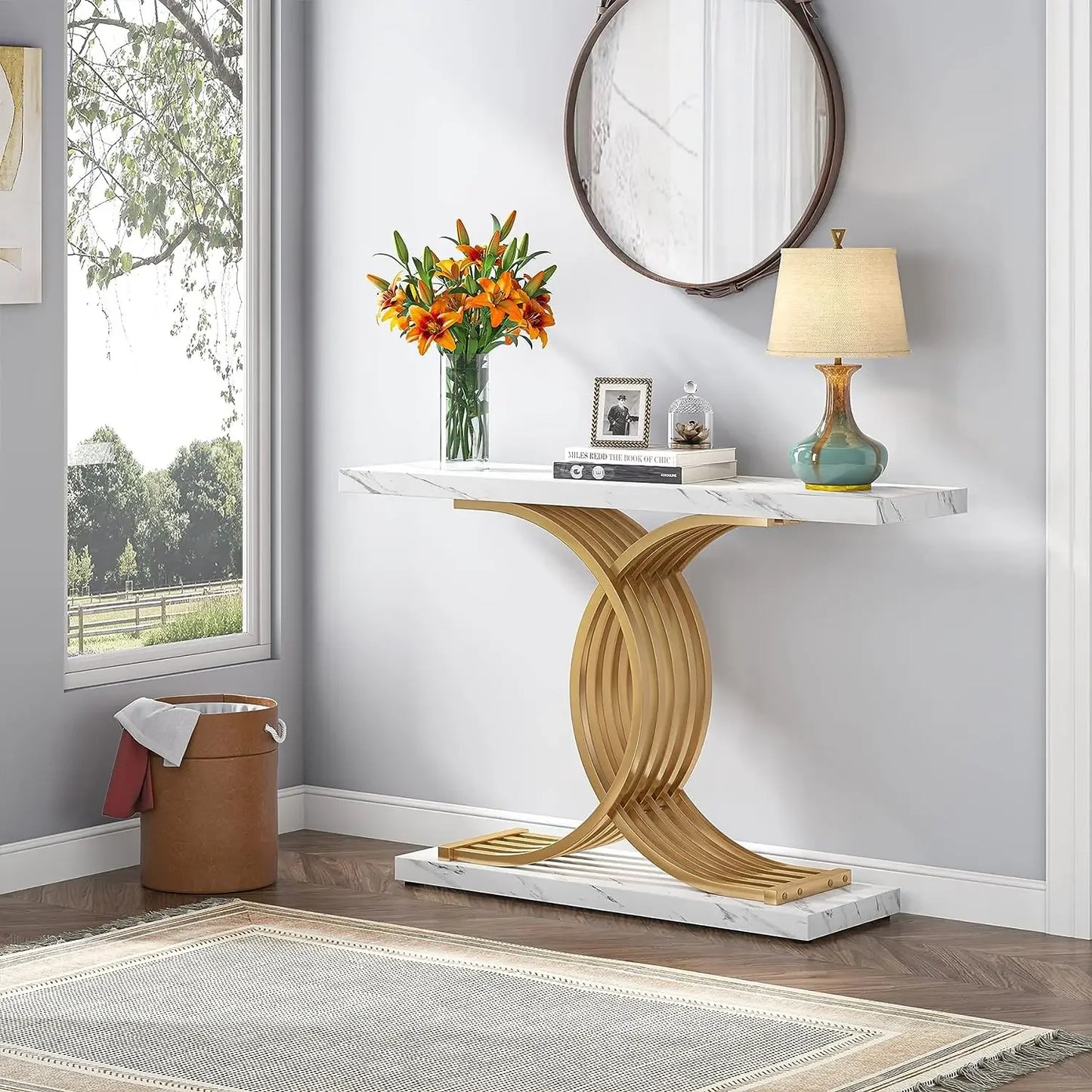 39-Inch Console Faux Marble Narrow Wood Entrance table