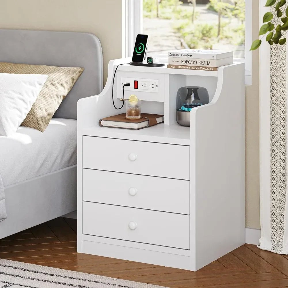 White Night Stand with Hutch,Bedside Table