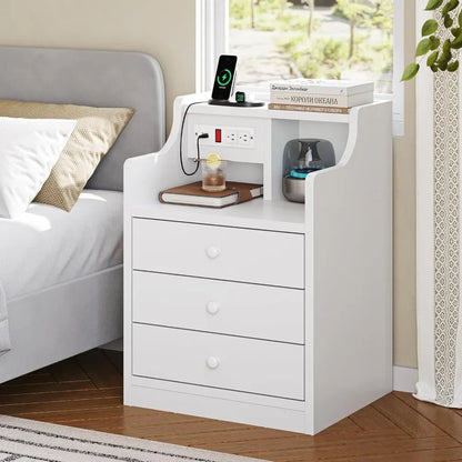 White Night Stand with Hutch,Bedside Table