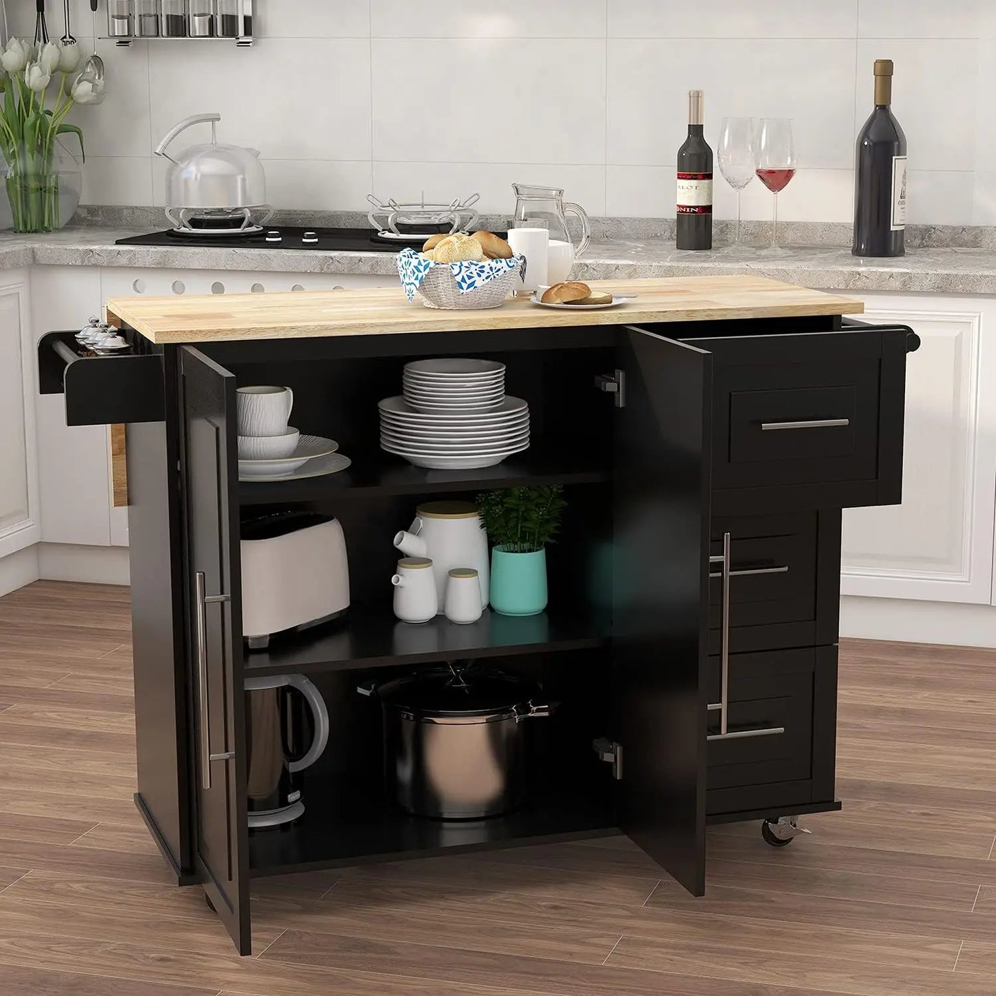 Wood Top Kitchen Cart with Storage Cabinet
