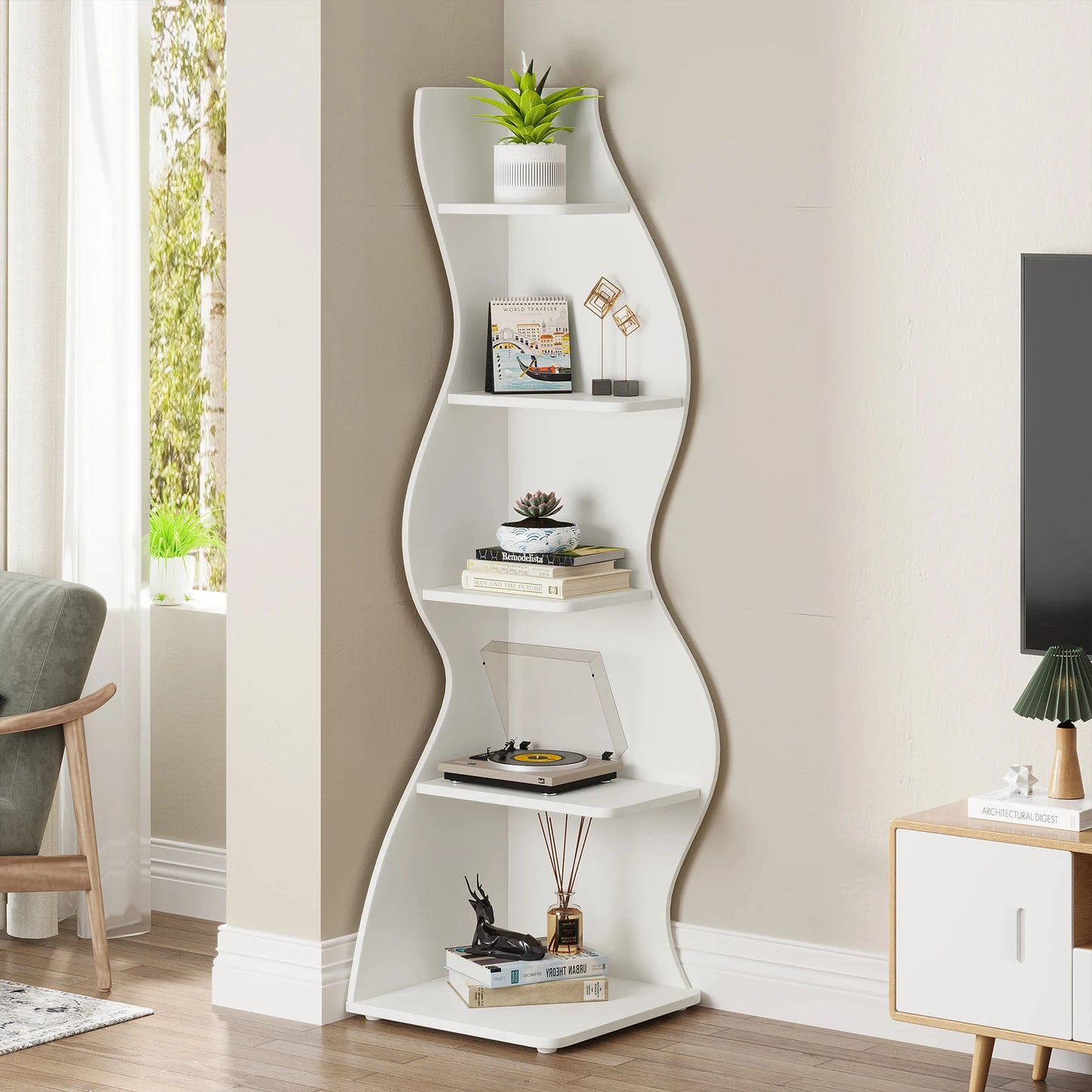 Modern 5-Tier Wall Corner Bookshelf