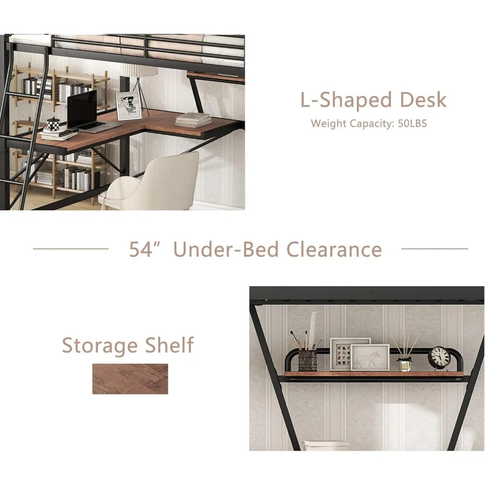"full-size loft bed with desk, storage shelf, and guardrail for kids and teens"