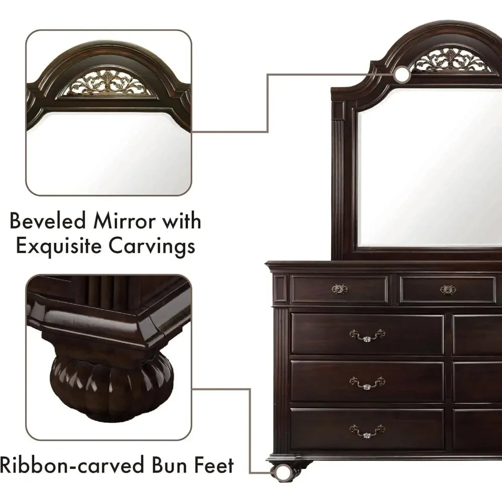 Traditional Solid Wood Bedroom Set with Chest, Mirrored-Dresser and 2 Nightstands.