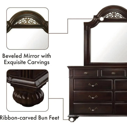 Traditional Solid Wood Bedroom Set with Chest, Mirrored-Dresser and 2 Nightstands.