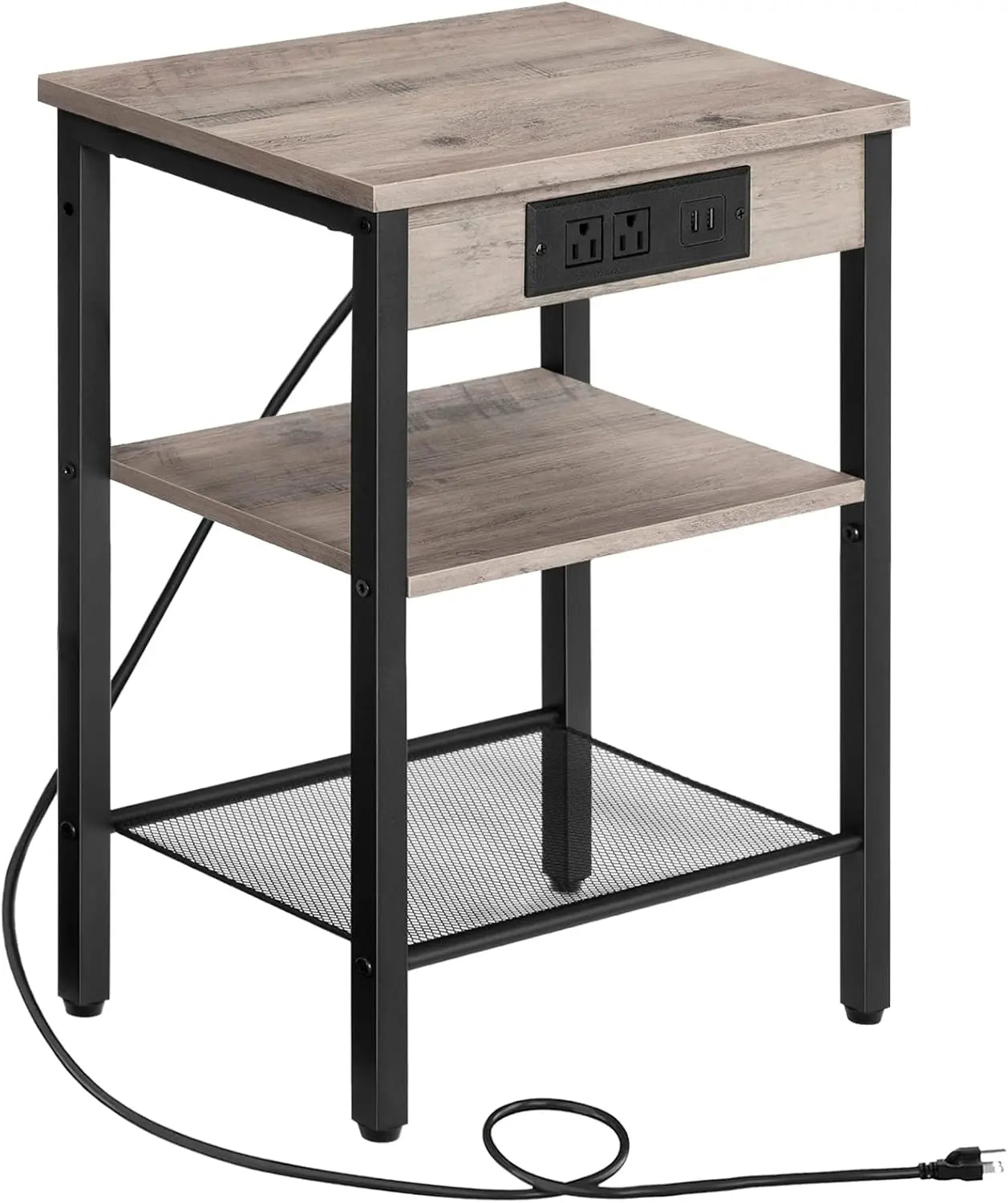 End Table with 3-Tier Nightstand with Adjustable Shelves, Charging Station