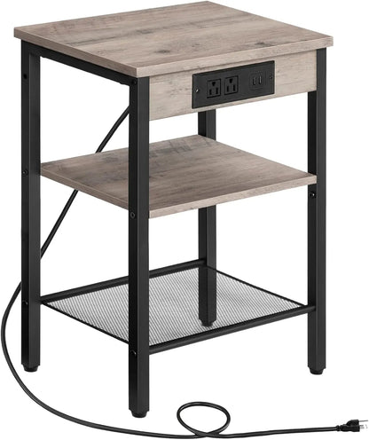 End Table with 3-Tier Nightstand with Adjustable Shelves, Charging Station