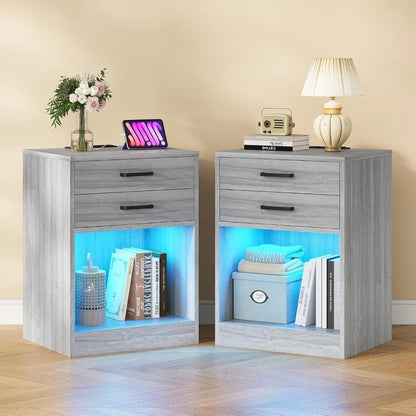 Set of 2,Nightstand with Charging Station with LED light